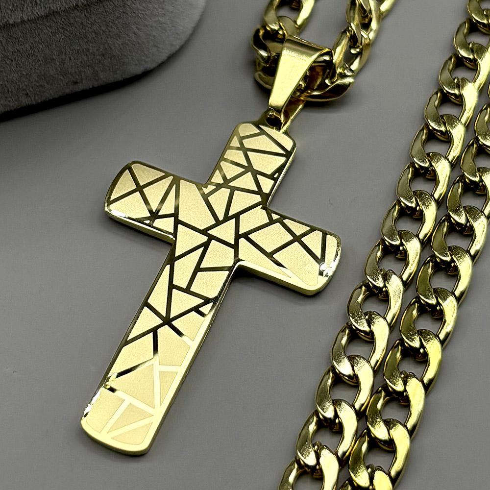 Christian Geometric Pattern Jesus Cross Pendant Necklace for Men Stainless Steel Gold Color Hip Hop Chain Necklaces Jewelry