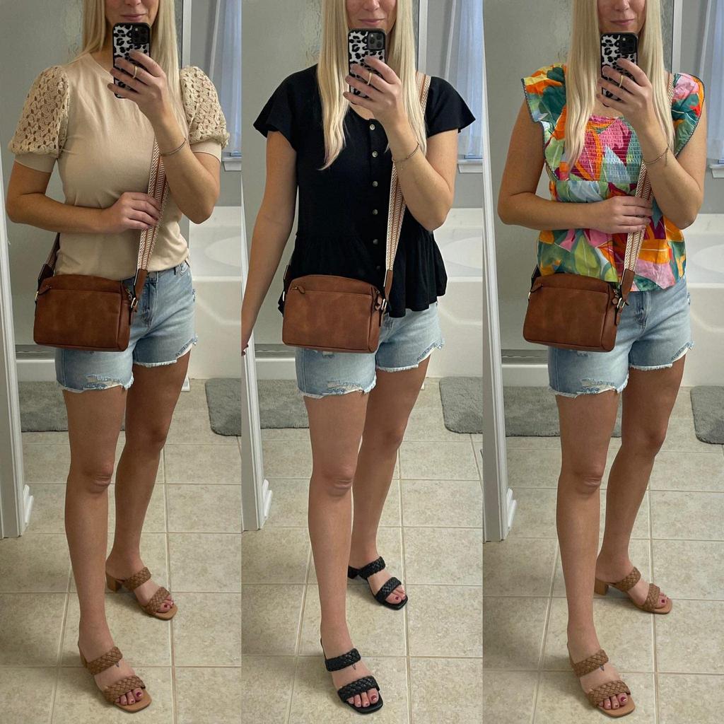 Nowa Damska Mała Skórzana Torba Crossbody z Trzema Zamkami i Kolorowym Paskiem - Torebka na Ramię na Telefon Komórkowy