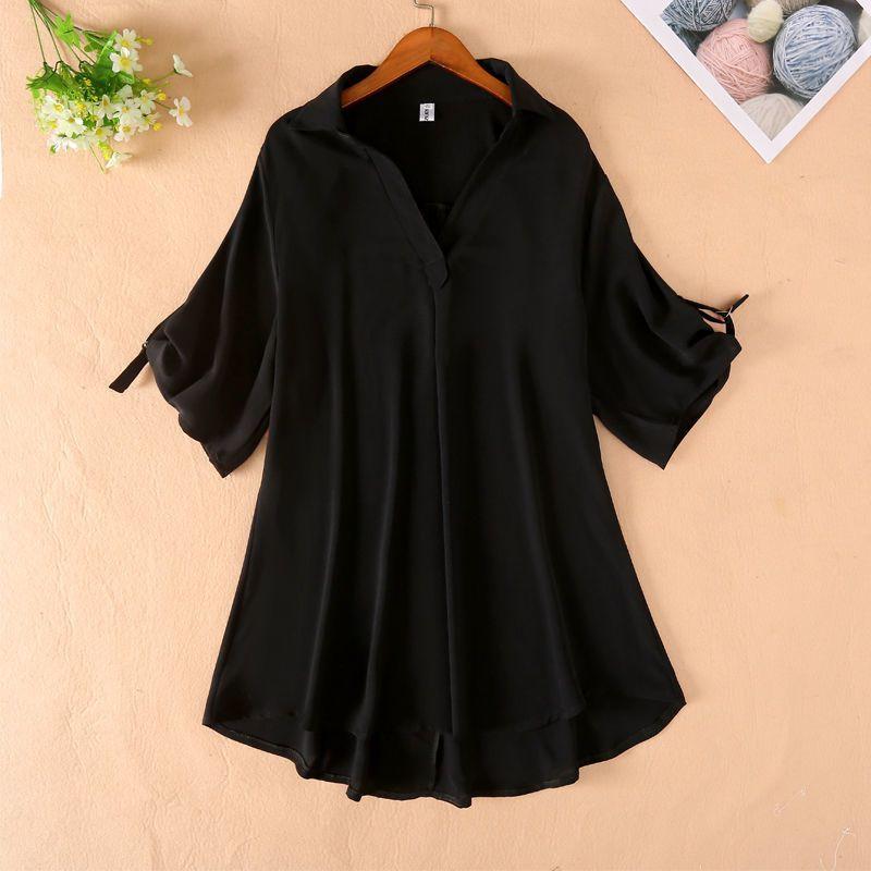 Short Sleeve Shirt Summer Women's Front Short Back Long Shirt Large Chiffon Shirt Half Open Collar Shirt