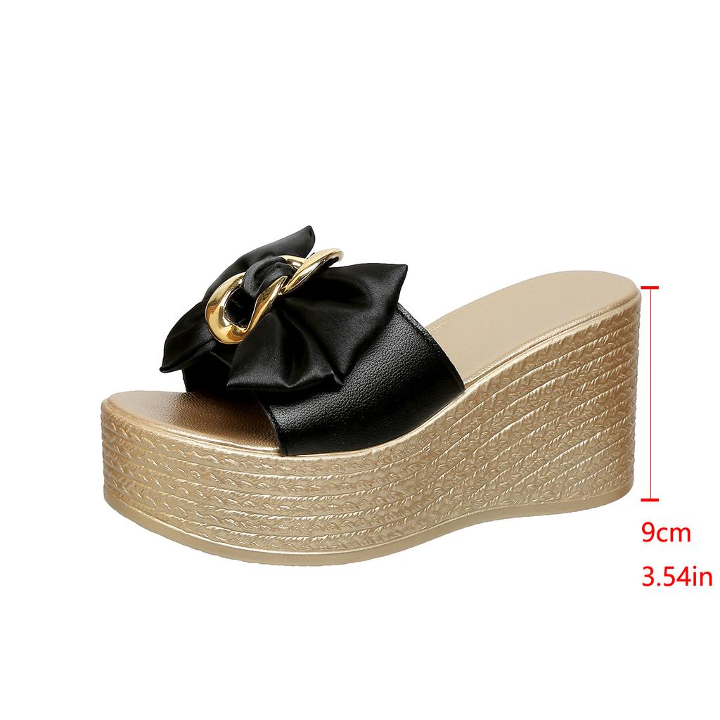 Fashion Aphixta Gold Sole 9cm Wedge Heels Slippers Bow Metal Decoration Mulers High Heels Platform Sandals Clog Shoe Slides Plus Size 43