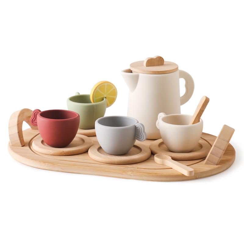 Baby Wooden Toys Playing House Afternoon Tea Set Silicone Cup Wooden Cup Plate Tray Model Puzzle Toys For Baby Montessori Toy