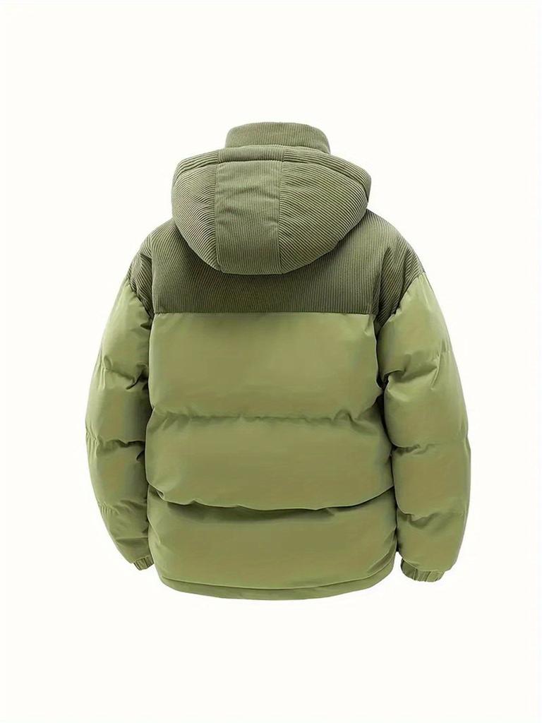 Men'S Winter Hooded Jacket - Detachable Hood, Color Block Design, Warm Fleece-Lined Coat  Casual Style for Cold Weather, Winter Jacket
