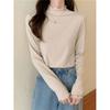 Spring Autumn Winter Knitwear T Shirt For Women With Wood Ears Trim And Half High Neck In Soft Fabric