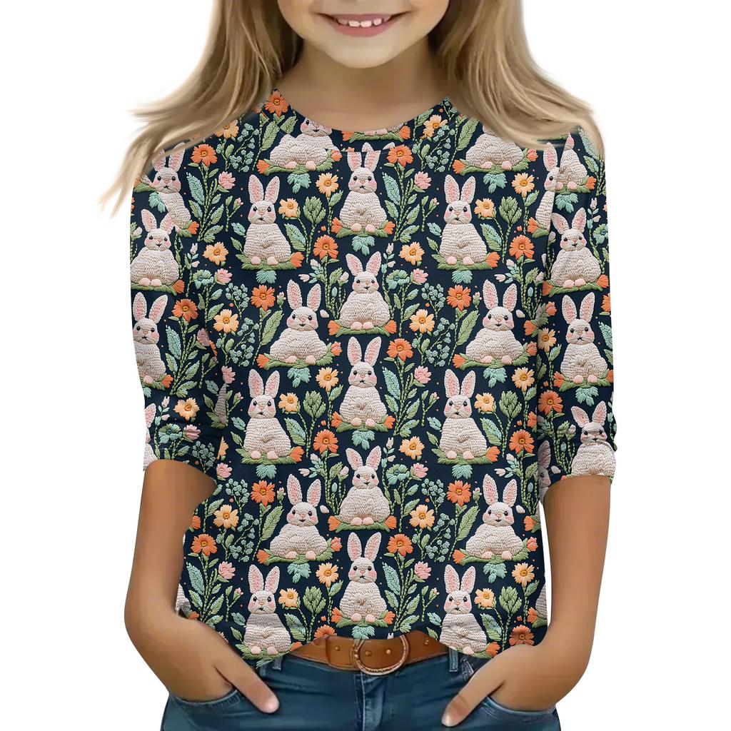 Print Tops For Youth Girls Round Neck 3/4 Sleeves T-Shirts Trendy Tops Outfit Tees