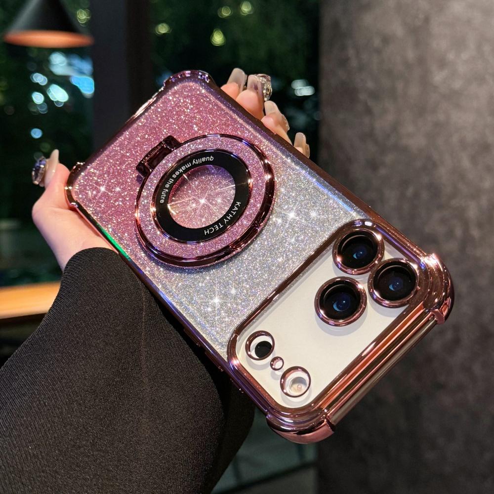 Bright Glitter Bracket Case for iPhone 17 Air 16 15 14 13 12 11 Pro Max Plus X XS XR for Magsafe Magnetic Plating Cover