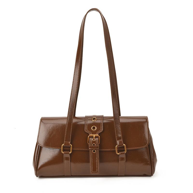 2026 Cute Retro Leather Baguette Bag For Ladies Brown Glossy Shoulder Purse With Adjustable Buckle Strap Gifts For Women