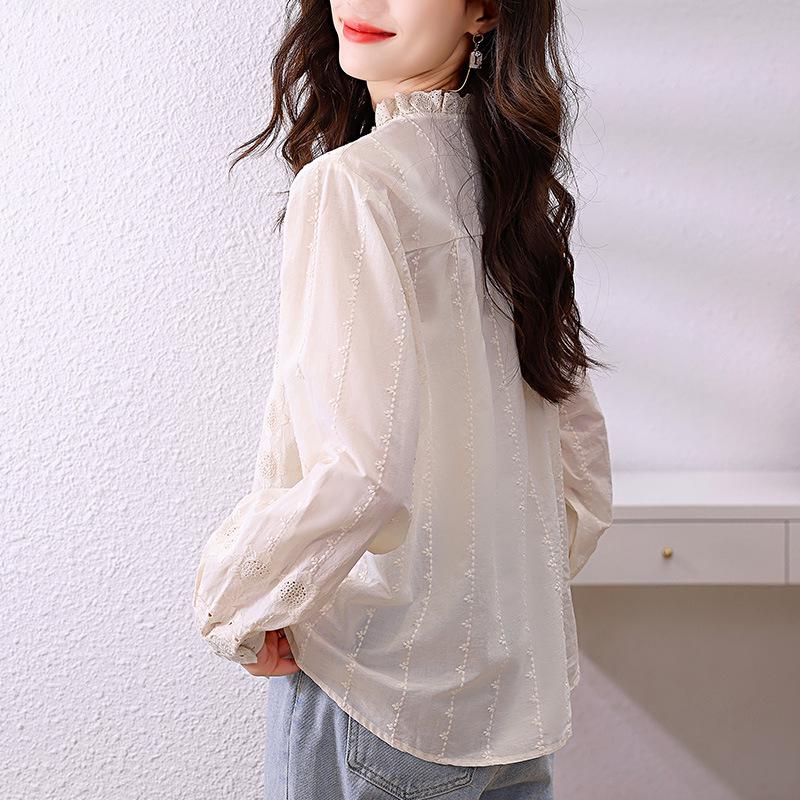 Women's Apricot Lace Collar Embroidered Long Sleeve Shirt - Spring 2025 Collection
