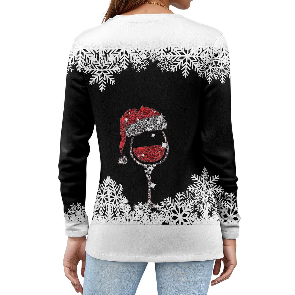 Damen T-Shirt mit Weihnachtsdruck, Knopfleiste, lange Ärmel, für den Alltag, Wochenende, modisch, Basic, V-Ausschnitt, normales Oberteil