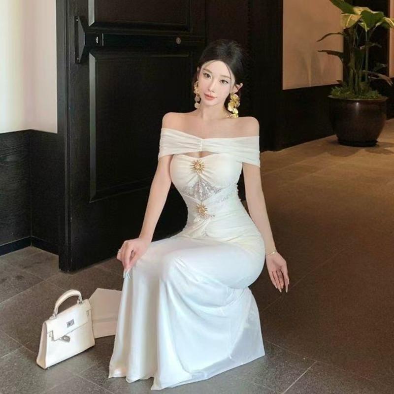 [With Chest Pads] Beautiful One-word Shoulder Dress Female Summer Socialite High-end Sexy Birthday Dress Waist Dress