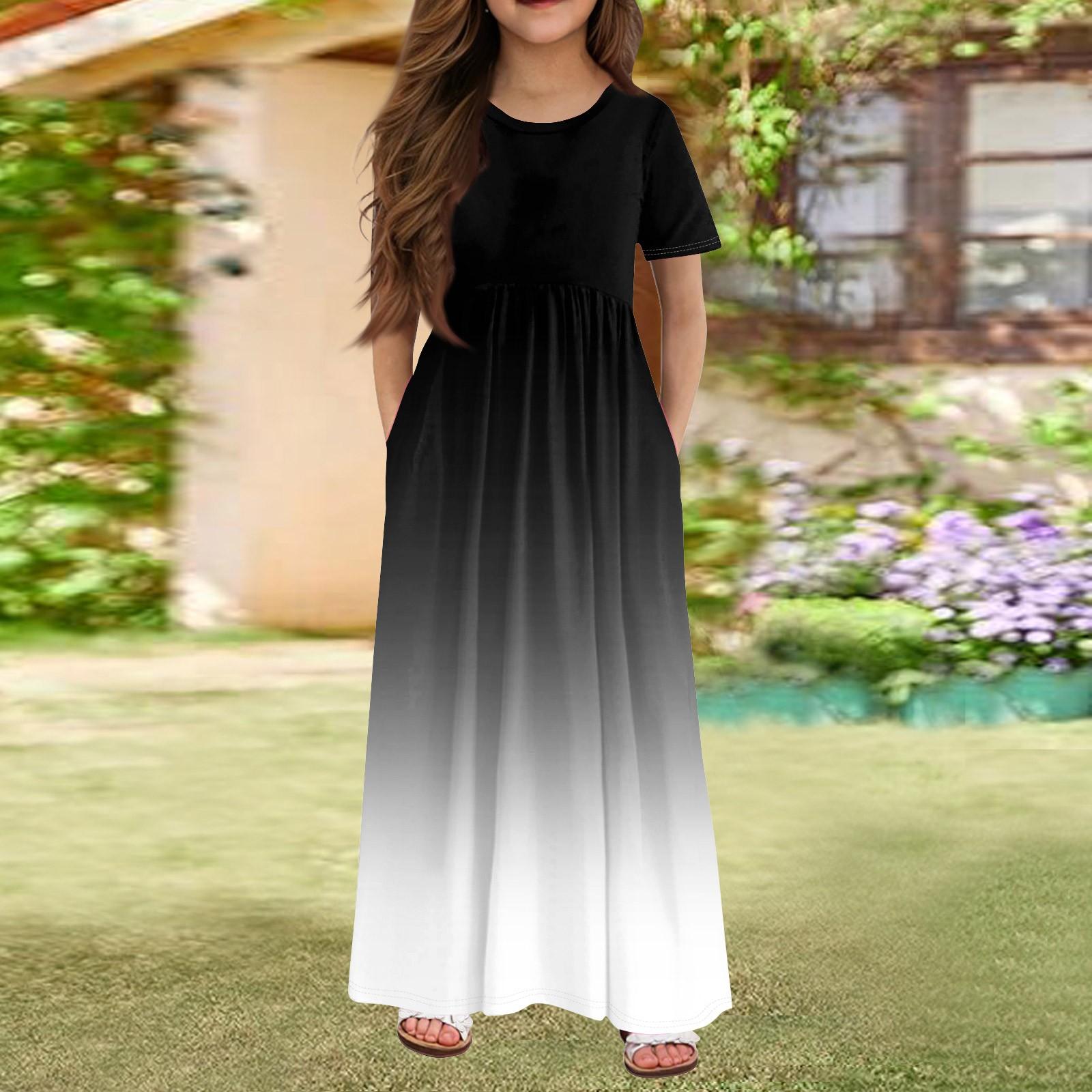 

Длинное летнее платье для девочек - платье макси с короткими рукавами и карманами для детей 4-14 лет 120 чёрный