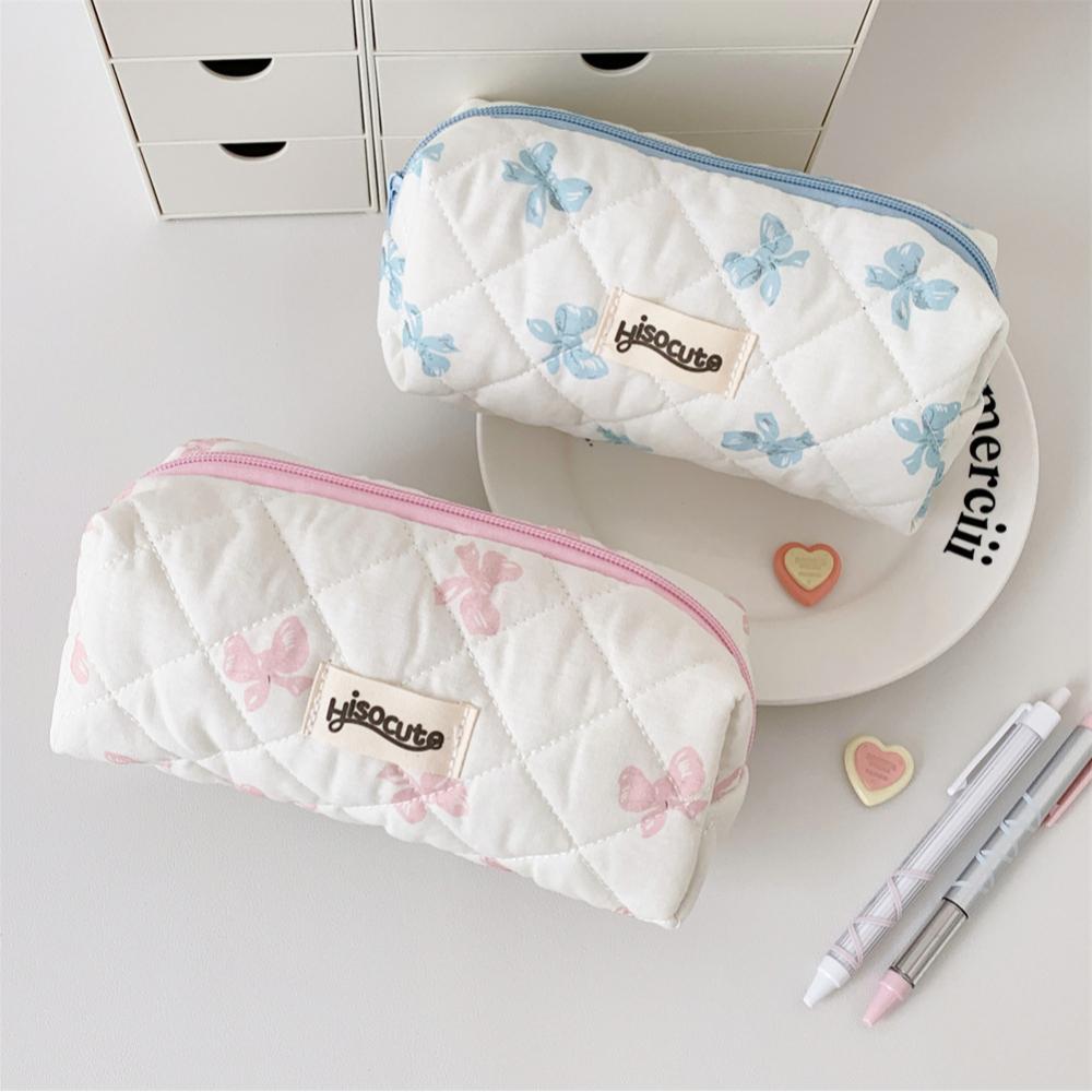 INS Style Korean Cream Bow Cosmetic Bag Sweet Style Student Large Capacity Makeup Tool Buggy Bag Portable Pencil Stationery Case
