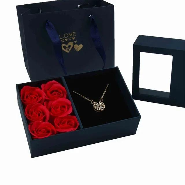 Romantic Valentine’s Day Jewelry Gift Box with 6Rose Pendant Ring Bracelet Eternal Flower Window Design Exquisite Packaging Bag