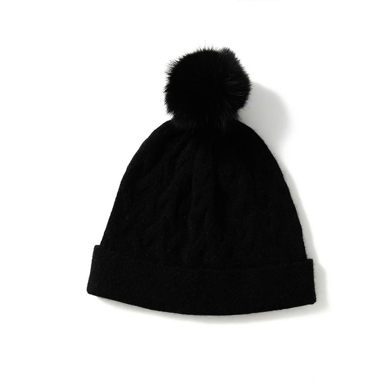 Women 100% Cashmere Beanie Hat Pom Pom Detail Cable Knit Rolled Cuff Winter Warm Soft Slouchy Skullies Cold Weather Accessory
