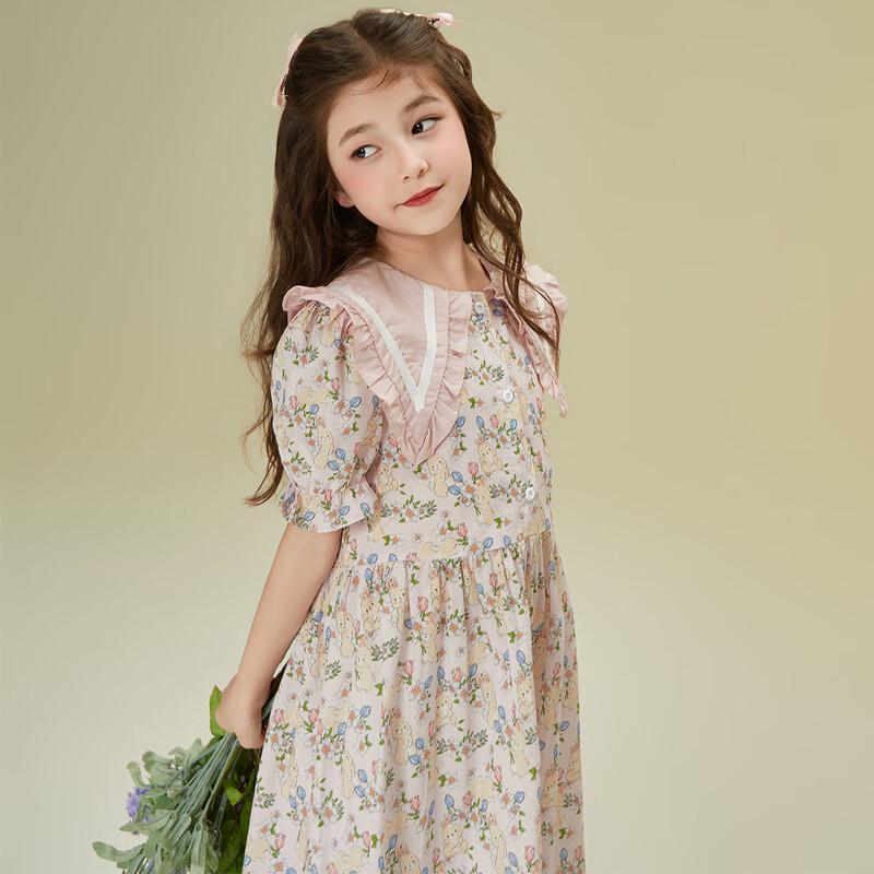 Little Tiger·Patty Girls' Sweet Rabbit Floral Puff Sleeve Summer Dress