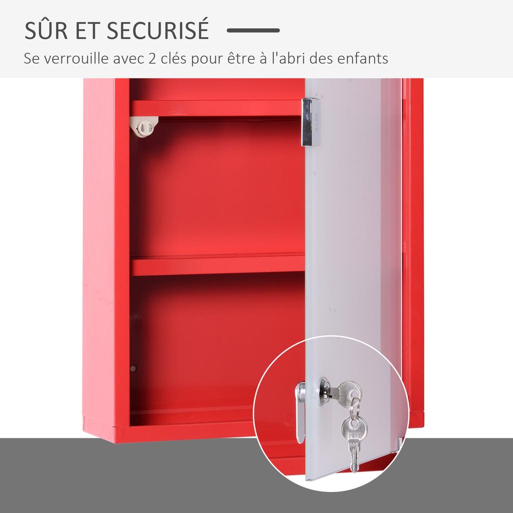 Lockable Medicine Cabinet, 3-Shelf 4-Tier, Glass Door, Cross Logo, 30 x 12 x 60 cm, Red Steel