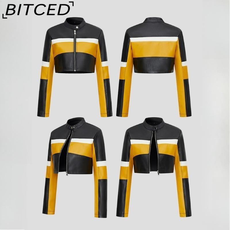 BITCED PU Leather Contrast-Colour Patchwork Sexy Leather Jacket, Stand Collar, Slim-Fit Cropped Style, Trendy Biker Jacket for Women