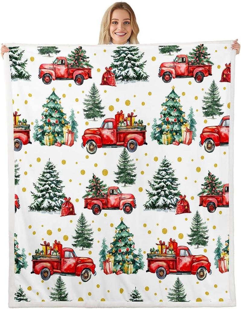 Christmas Throw Blanket Watercolor Red Truck Decor Fleece Blanket for Kids Teens Adults Green Xmas Trees Yellow Polka Dots Fuzzy