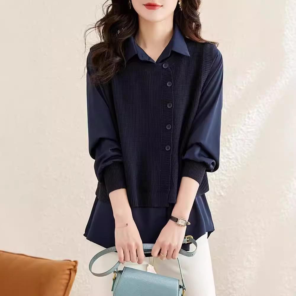 Camicia a due pezzi per abbigliamento autunnale da donna Nuova giacca camicia casual ampia Gilet in maglia alla moda Top a maniche lunghe