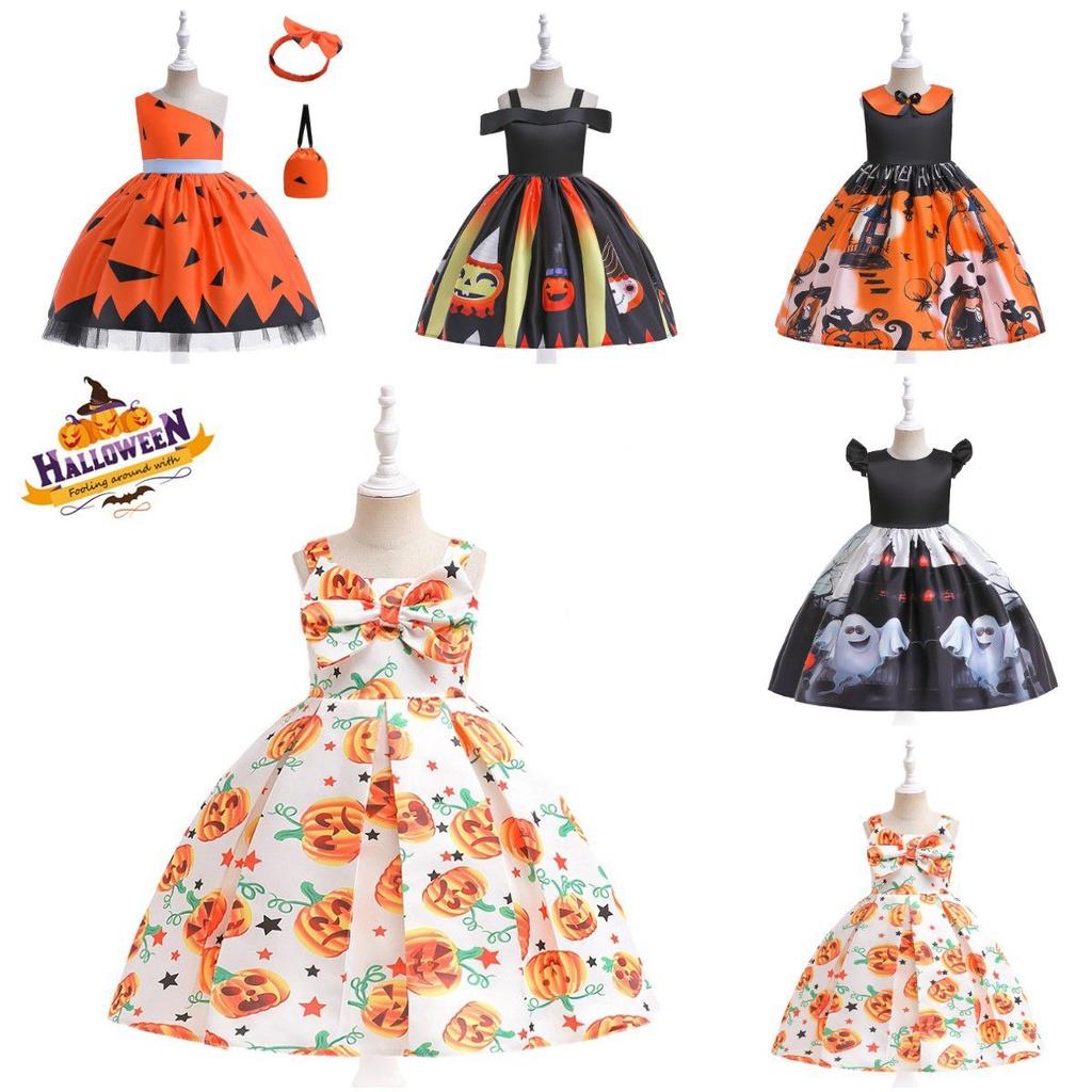 Silky And High Quality Halloween Costume Dress With Pumpkin Bag For Children