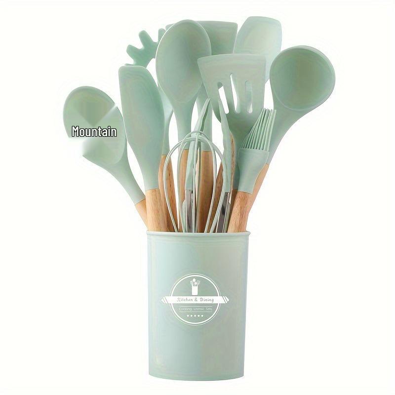 12-Piece Silicone Kitchen Tool Set: High-Temp Resistant Non-Stick Utensils with Wooden Handles, Includes Spatulas and Soup Ladle