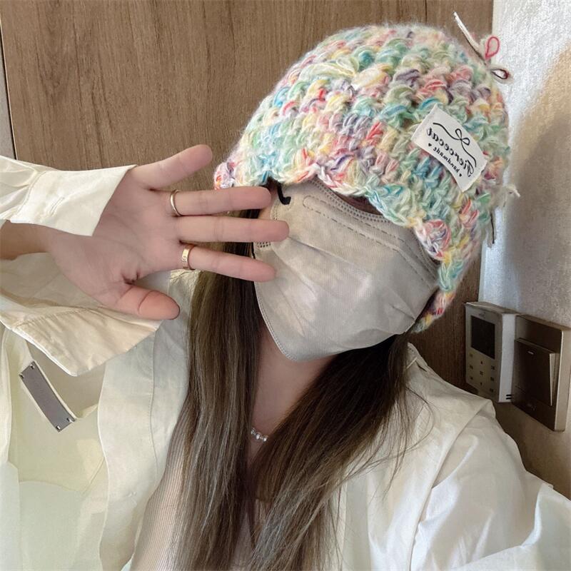 New Colorful Knitted Pullover Hat Women's Autumn and Winter Japanese Sweet and Versatile Bow Warm Woolen Hat