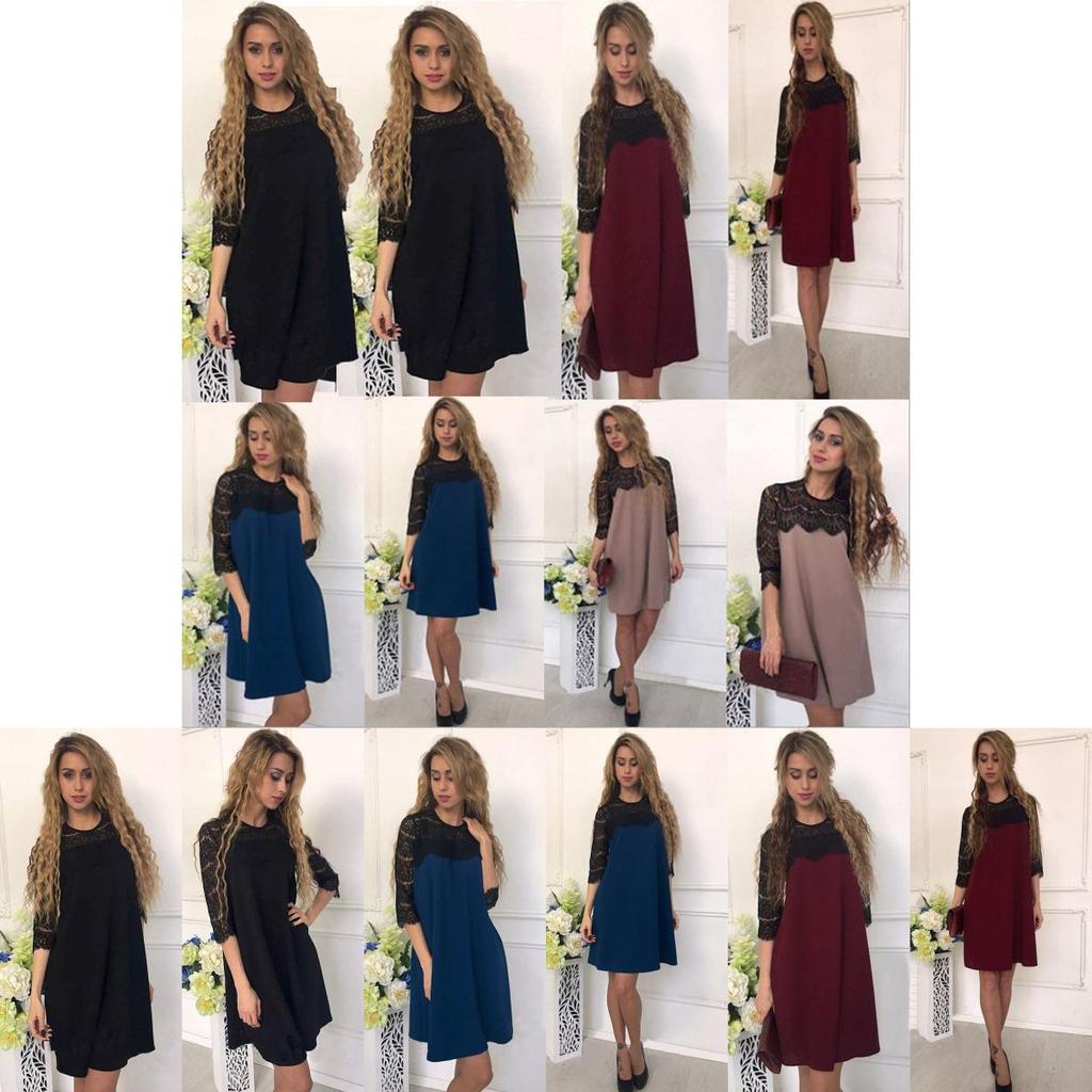 Elegant Women Pure Color Hollow Out Lace Splicing Dress For Stylish Occasions