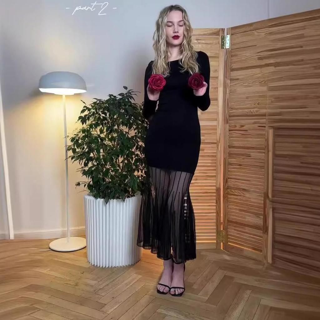 2024 Autumn Retro Square Neck Mesh Splicing See-through Sexy Bodycon Dress
