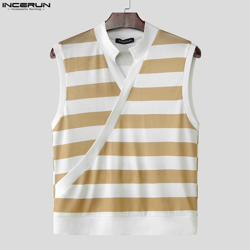 INCERUN Summer Men Stand Collar Sleeveless Striped Print Casual Tank Tops