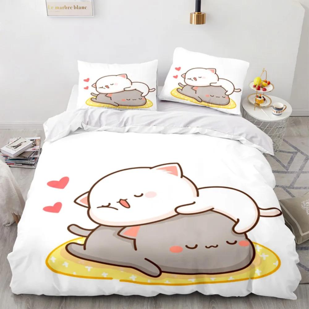 Cartoon Lovely Peach Cat Bedding Set Boys Girls Twin Queen Size Duvet Cover Pillowcase Bed Kids Adult Fashion Home Textileextile