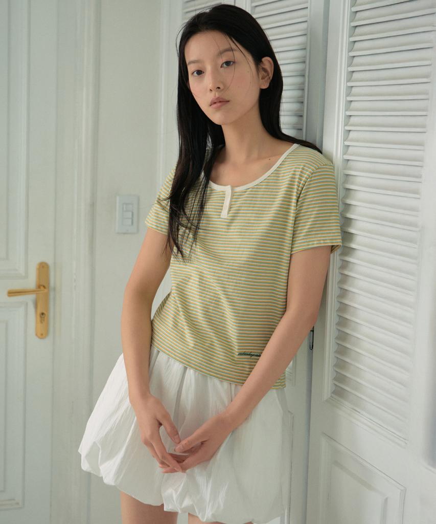 Wednesday Oasis For Woman Allo Stripe Henley Neck Short Sleeve T-Shirt_Yellow(Wb6Tp29)