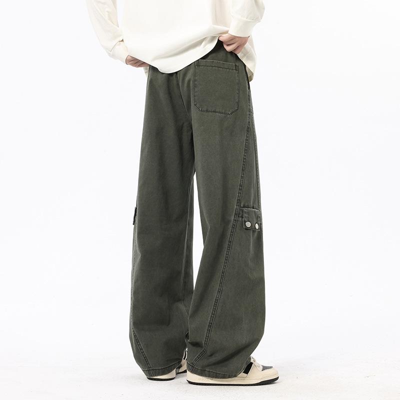 Overalls men's autumn new American retro trendy brand splicing loose wide-leg straight elastic waist casual pants