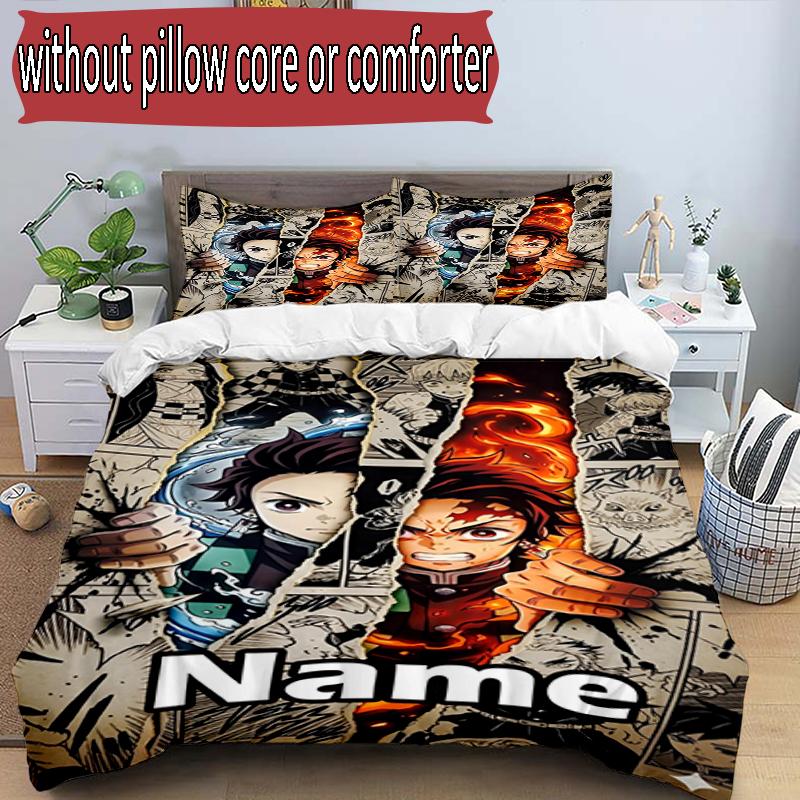 3pcs Duvet Cover Set (1*Duvet Cover + 2*Pillowcase, Without Core), Custom Name Demon Slayer Pattern Bedding Set, Home Bedroom Decor Gift