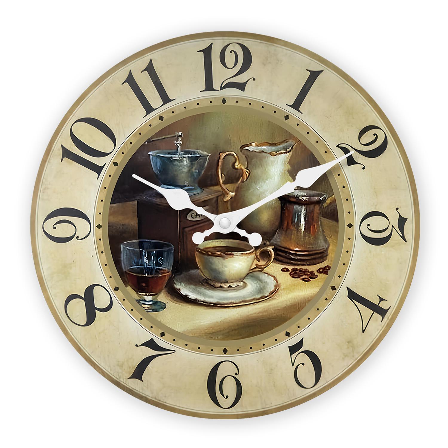 First-Class Vintage Superior-Grade Coffee First-Class Cup Premium-Quality Pattern Wooden Premium-Quality Wall First-Class Clock Premium-Quality (as the picture,10 Inch)
