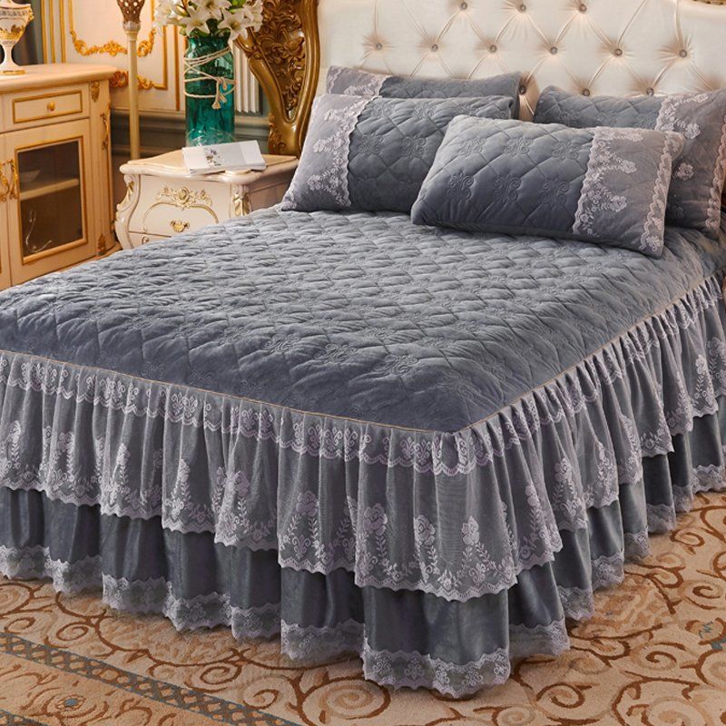 

Роскошный супер мягкий хрустальный бархатный флис с кружевными оборками, стеганая юбка-кровать, наматрасник, покрывало, наволочка, постельные принадлежности, домашний текстиль 150*200cm with pillowcase