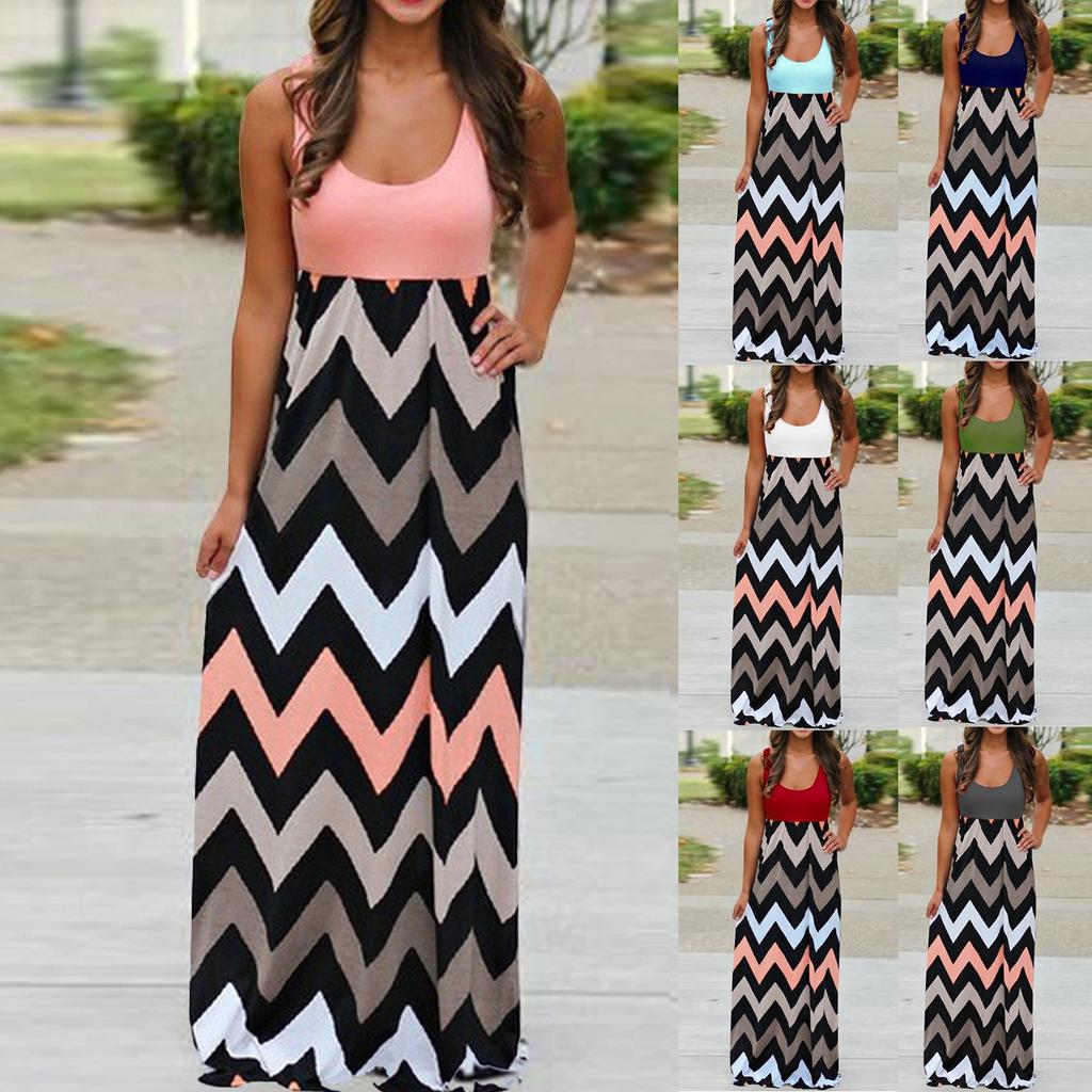 Womens Striped Long Boho Dress Lady Beach Summer Sundrss Maxi Dress Plus Size