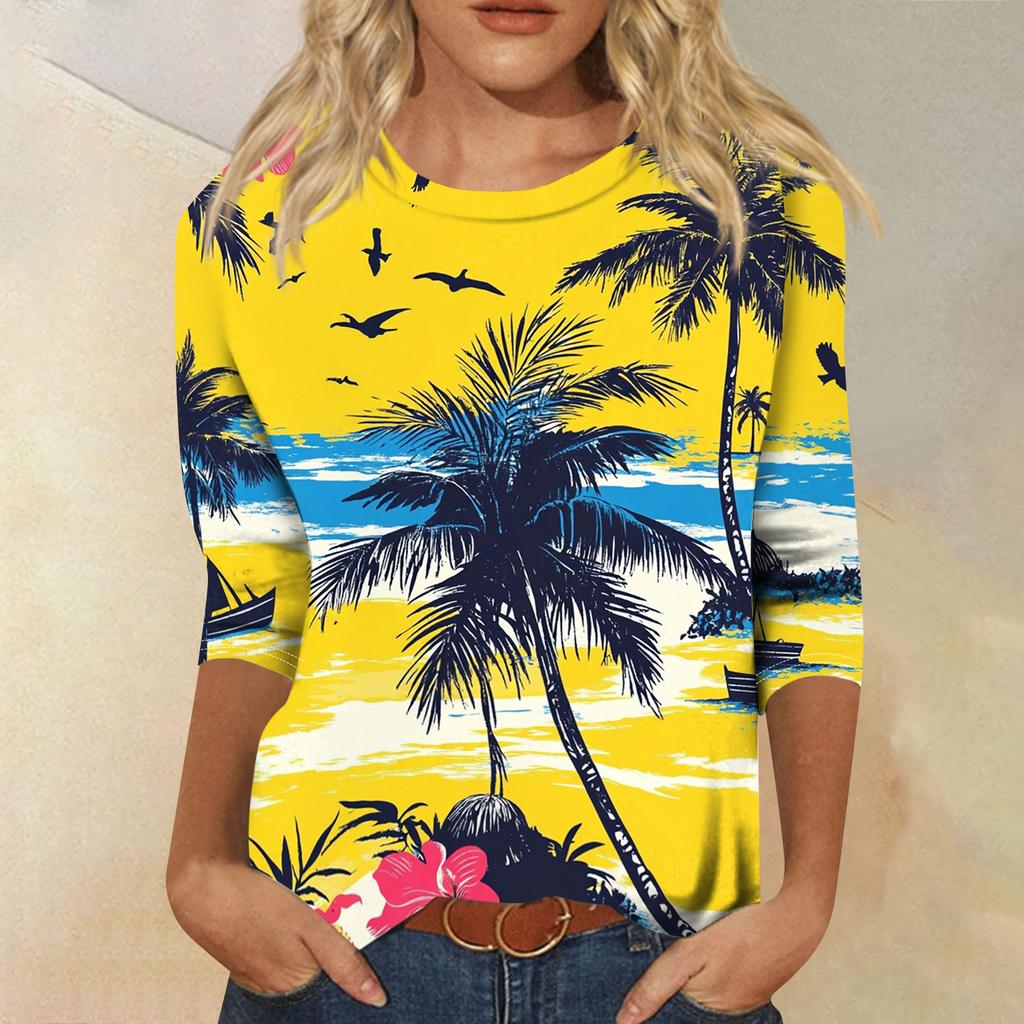 Módní vintage top s 3/4 rukávem pro ženy, dámská ležérní halenka s tříčtvrtečním rukávem a kulatým výstřihem s potiskem