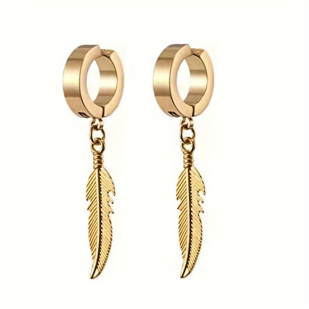 Stainless Steel Hip-pop Style Non Piercing Hoop Earrings Feather Pendant Ear Clips for Men Women Ear Daily Wear Jewelry