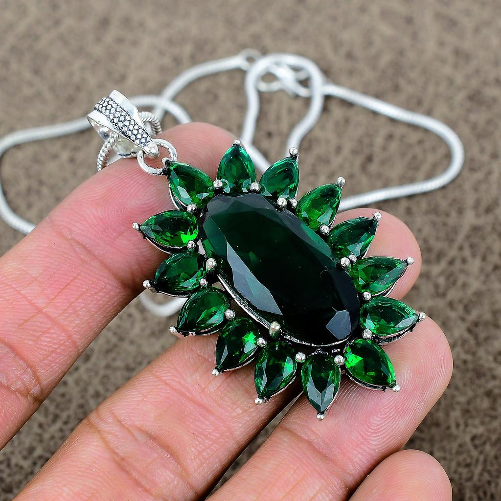 Chrome Diopside Gemstone Handmade 925 Sterling Silver Jewelry Pendant 2.48" KKG-285