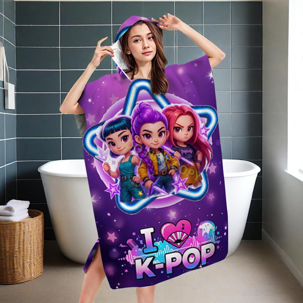 K-K-POP Kids Hooded Beach Towel, Purple Starry Girls Bath Robe Poncho