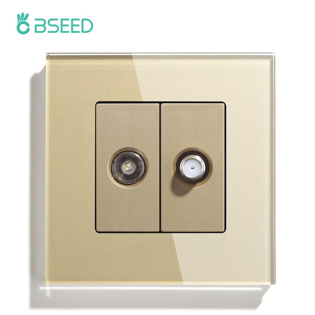 BSEED TV Satellite Wall Socket With Crystal Glass Panel White Black Gold EU Standard 86mm DIY Part For Home Improvement