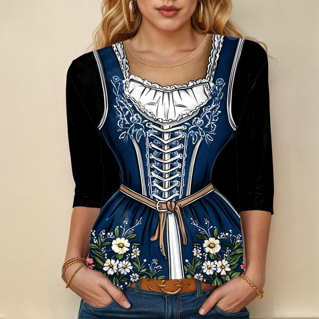 Damen Casual 3/4 Ärmel Oktoberfest Print Oberteil Rundhals Leichte Bluse für den Alltag und Saisonale Veranstaltungen