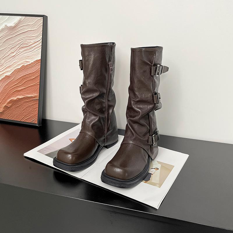 Western cowboy knight boots women's 2025 new retro thick heel inner height increase pleated stacking boots long trouser tube boots