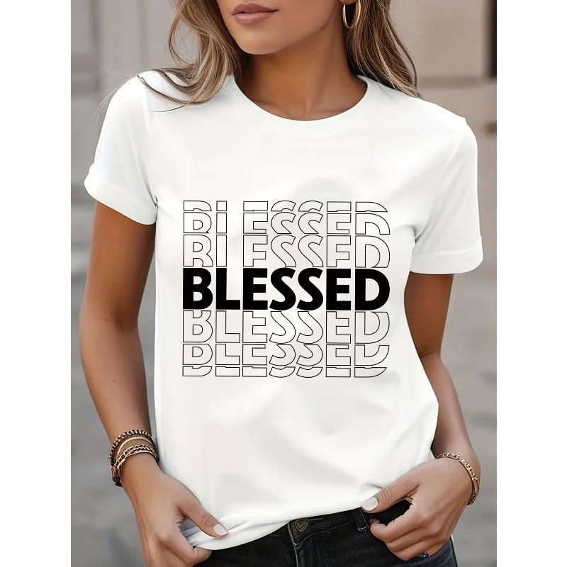 Women s Blessed Print Crew Neck T-Shirt - Short Sleeve Casual Top with Minimalist Blessed Lettering, Regular Fit Suitable for All-Season S белый
