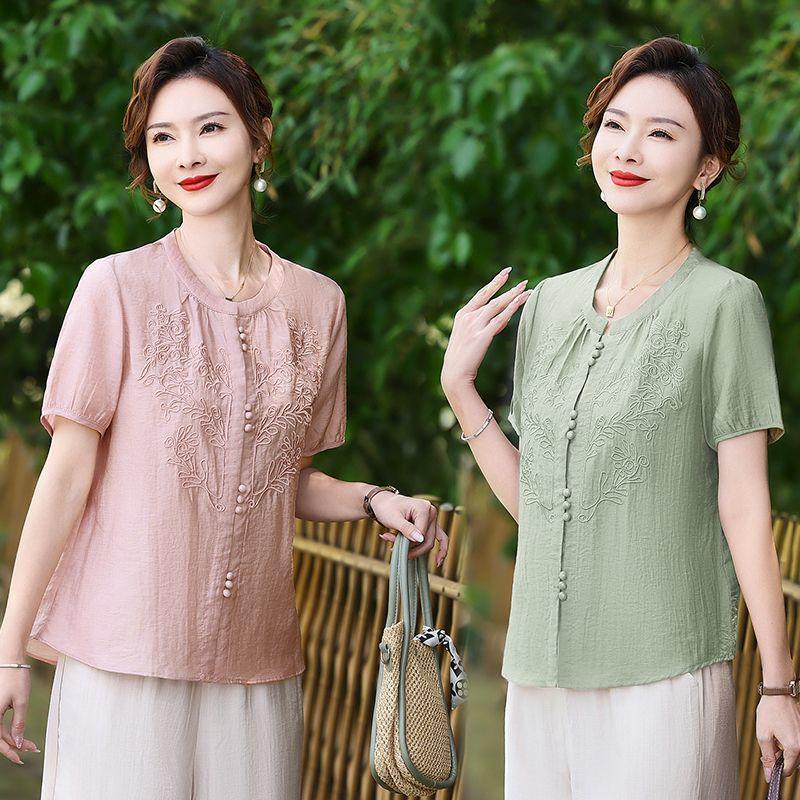 Contemporary Chinese Summer Top for Mothers - Fashionable National Style Attire for Middle-Aged and Elderly Women