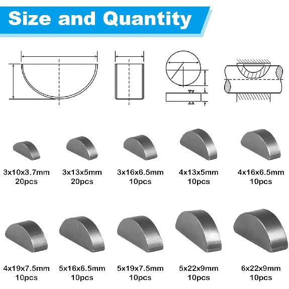Yinpecly 120Pcs Woodruff Key Assortment Kit, 10 Popular Sizes Of Half Moon Keys, Metric Keyway And Key Stock Set,Woodruff Semicircle Key, Shaft Crank