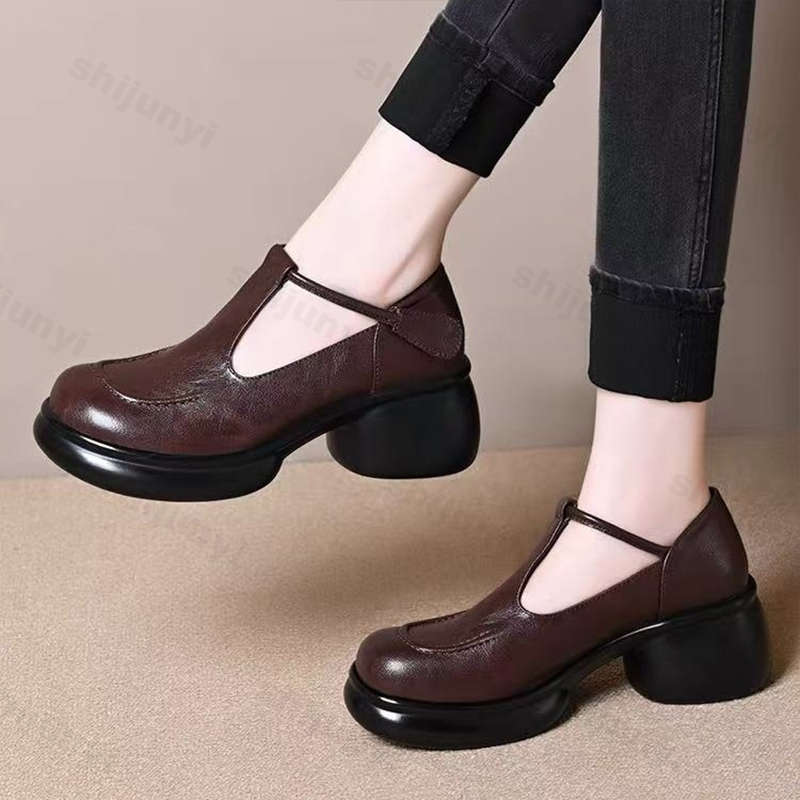 Vintage Dames Leren Schoenen 2026 Herfst Nieuw Hoogte Verhogend Buiten Antislip Middelhoge Hak Schoenen Mode Comfort Mary Jane Schoenen