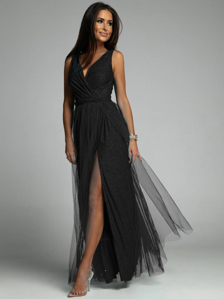 Cross-border 2023 V-Neck Waist-Cinching Sparkling Evening Gown with Slit