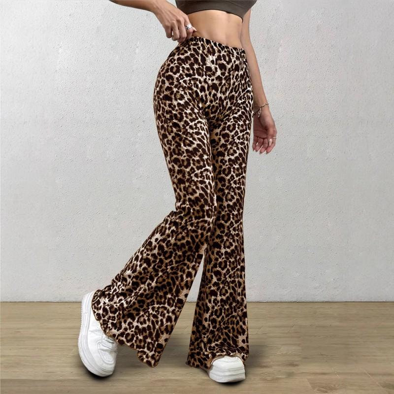 Womens High-Waist Knit Flare Pants With Leopard Print Stretch Waistband Casual Sexy Slim Fit Trousers