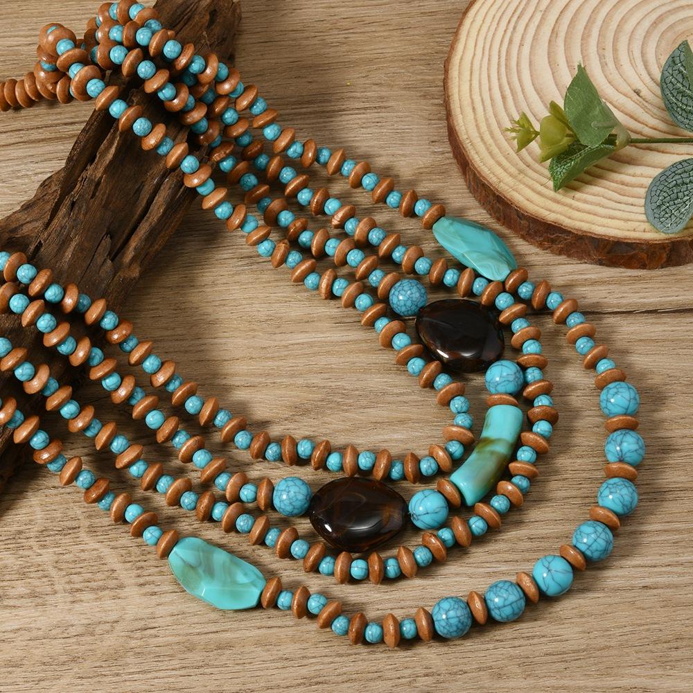 Bohemian Retro Wooden Beads Imitation Turquoise Multi-layer Necklace Sweater Chain