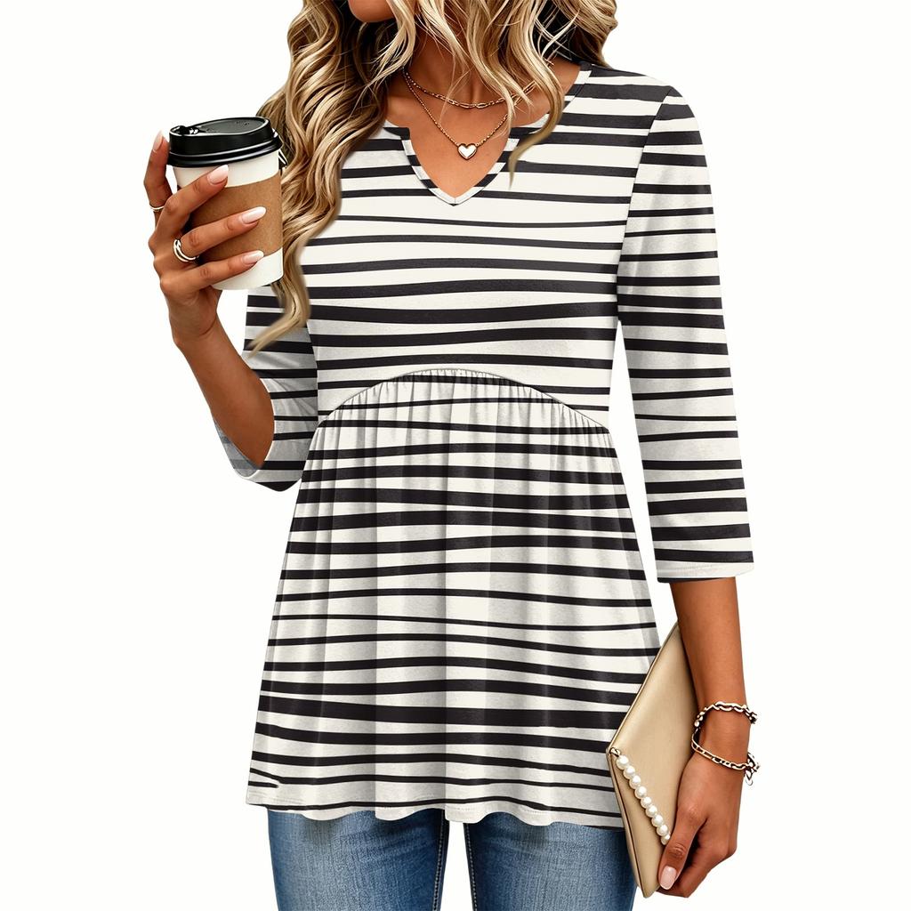 Women's Casual Striped V-Neck Three-Quarter Sleeve Blouse for Everyday Wear